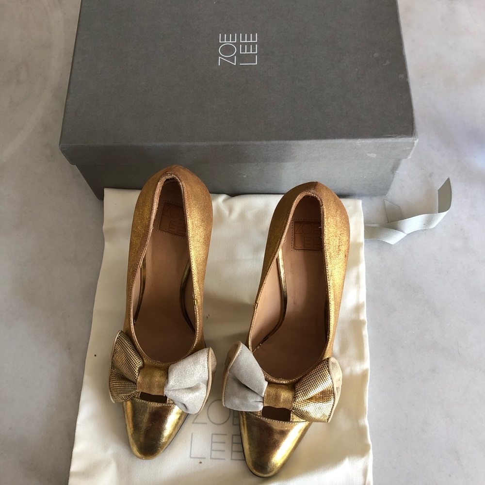 Anthropologie Zoe Lee Paris Metallic Bow Pumps 7 - Picture 2 of 7